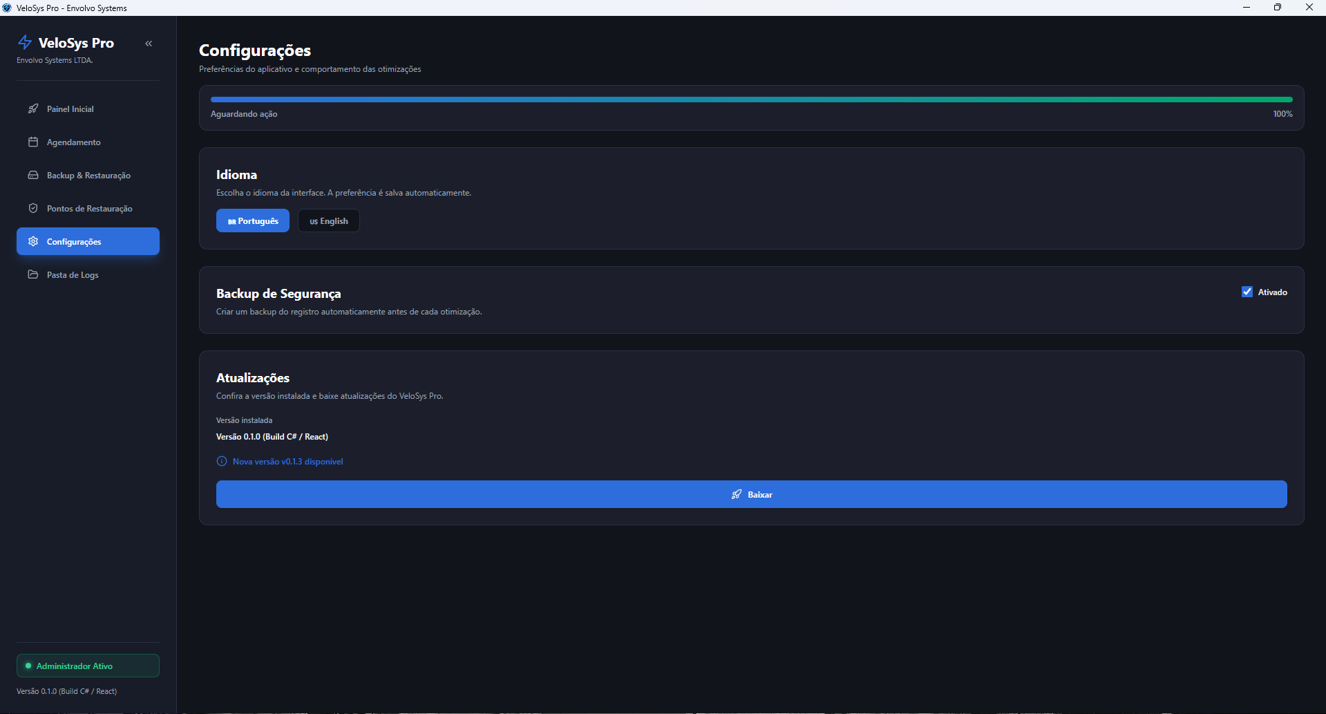 VeloSys Pro Settings screen